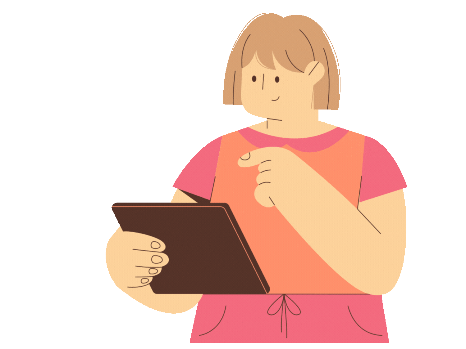 white girl on tablet pointing