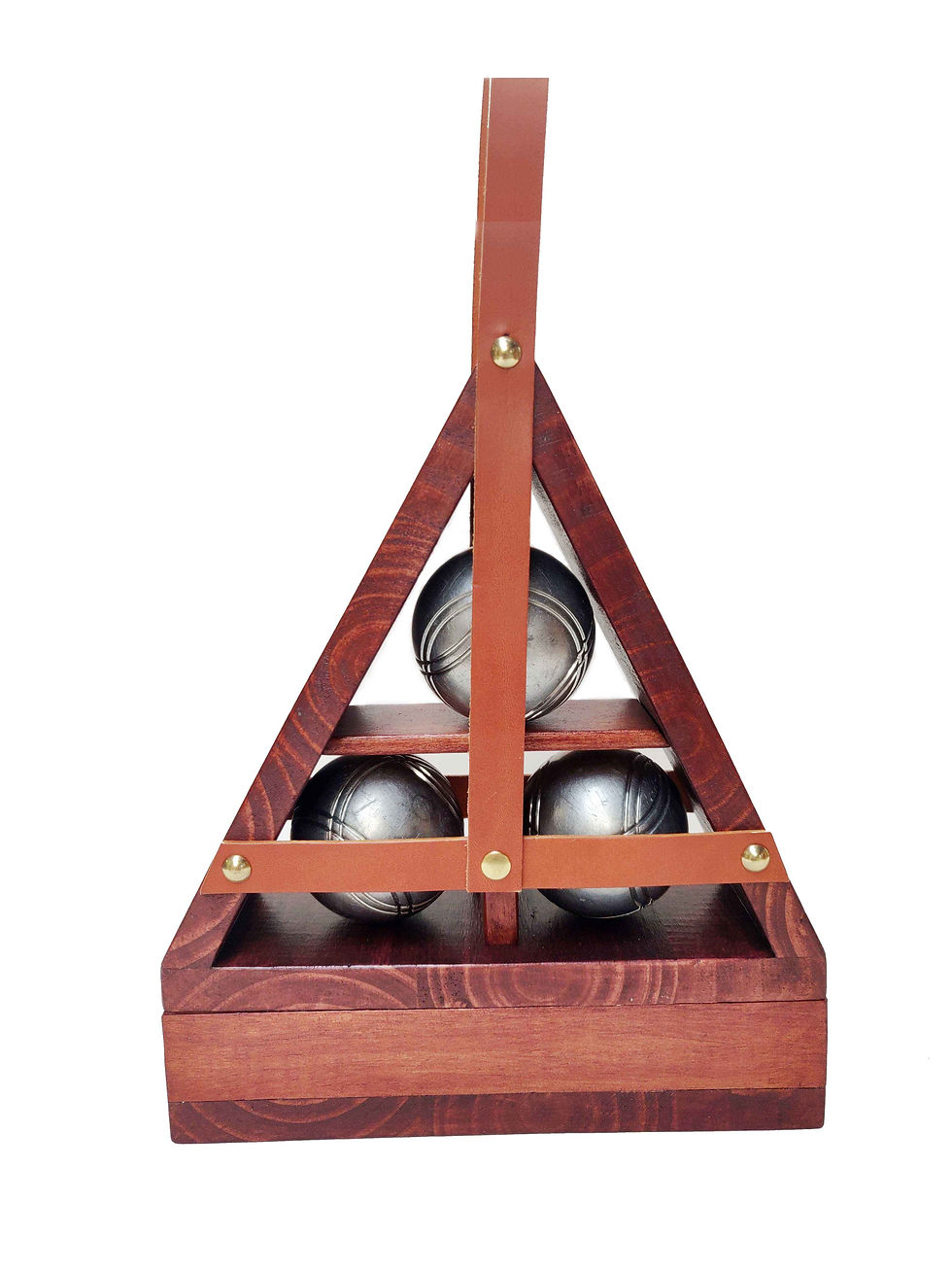 Miniature : Coffret de boules de pétanque triangulaire de qualité artisanale, cuir et bois.