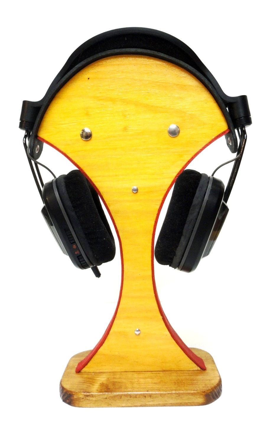 Miniature : Porte chapeau, casque audio ou casquette en bois et cuir. Produit artisanal.