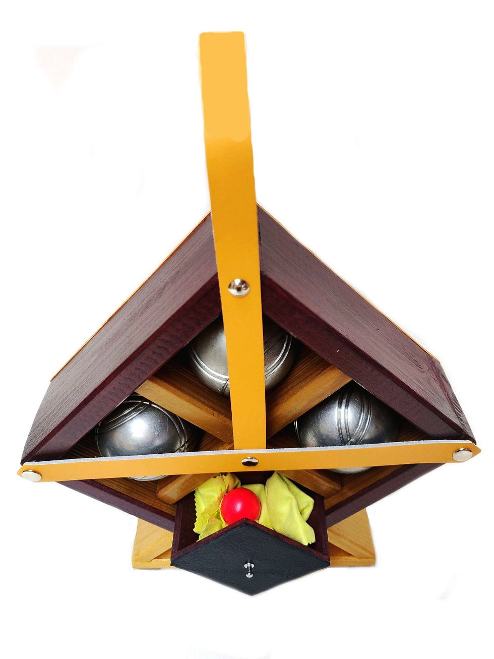Miniature : Sac de boules de pétanque de qualité artisanale en losange en bois et cuir jaune