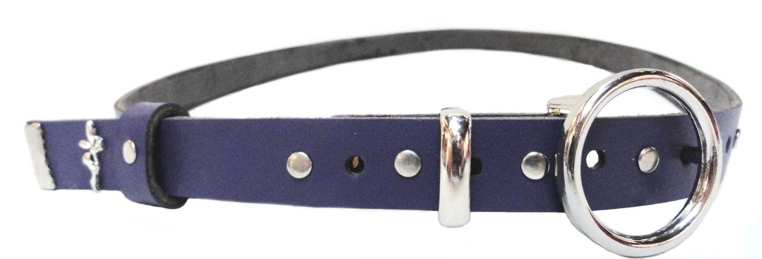 Splendide ceinture tendance en cuir violet pour femme avec bouclerie argentée.