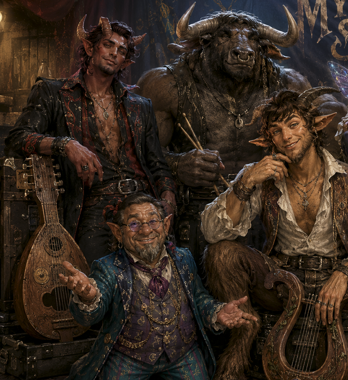 Some of my characters, Brad the tiefling, Gunther the Minotaur, Marmadeus the halfling, and Xac the half-satyr