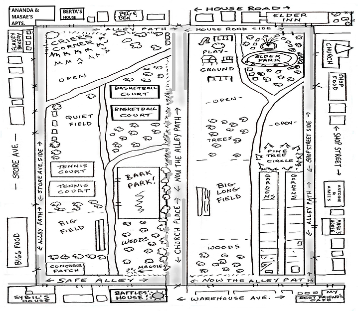 houses, buildings, paths, woods, play areas