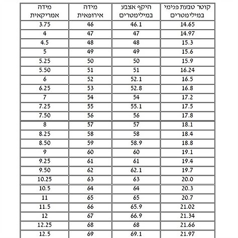 טבלת מידות