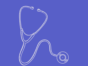 A line drawing of a stethoscope on a blue background
