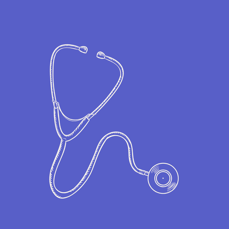 A line drawing of a stethoscope on a blue background