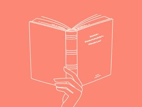 A line drawing of a hand holding an open book on a pink background