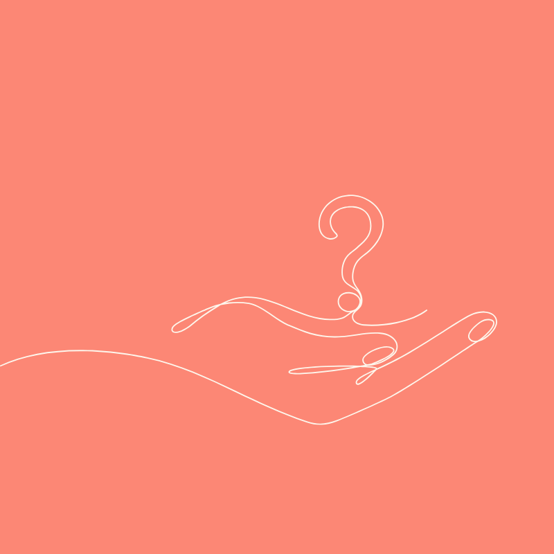 A line drawing of a hand, palm up with a question mark on the top. On a pink background