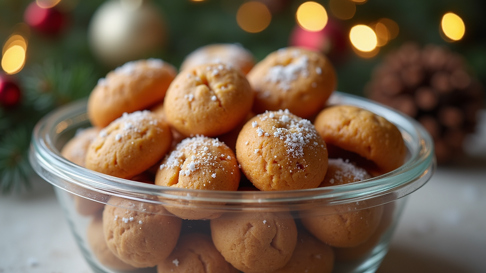 Close-up view of a clear food container filled with festive treats