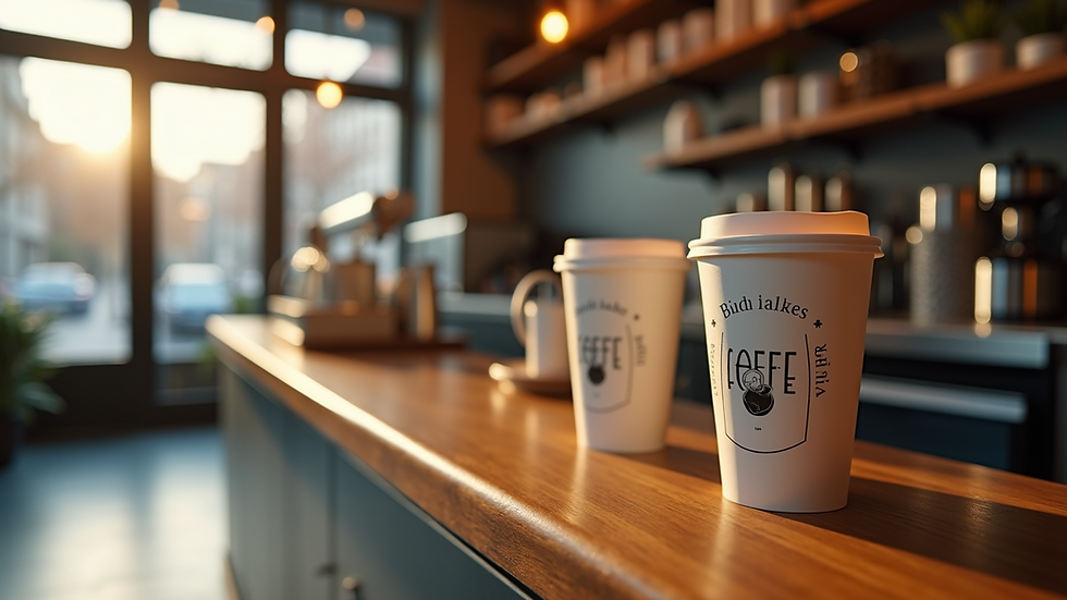 High angle view of a coffee shop counter with custom printed cups