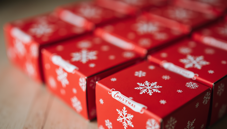 Eye-level view of a stack of simple branded Christmas packaging boxes in red and white