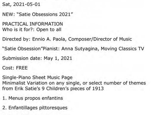 Instrumental Solo Composition of the Day, Installment 20: "Satie Obsessions" (Two Variations on "Berceuse" from Enfantillages Pittoresques for Piano Solo (2021)