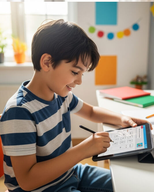 a happy young boy doing homework on tablet in his bedroom