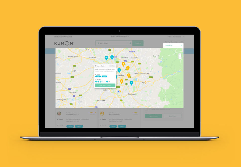 map view of the kumon website search results