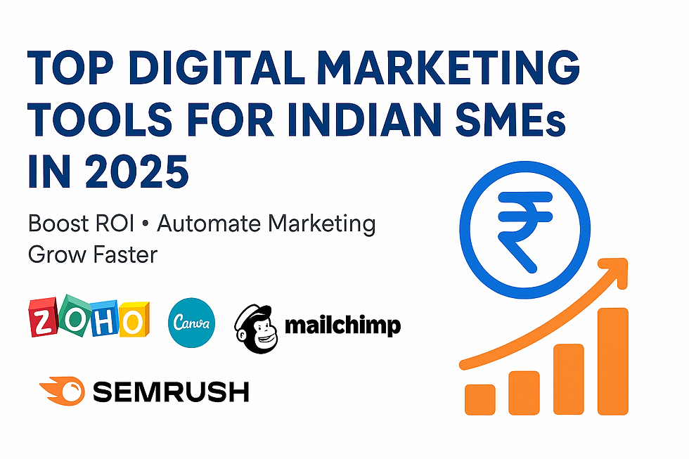 Top digital marketing tools for Indian SMEs in 2025. Logos: Zoho, Canva, Mailchimp, Semrush. Growth chart icon with Indian Rupee symbol.