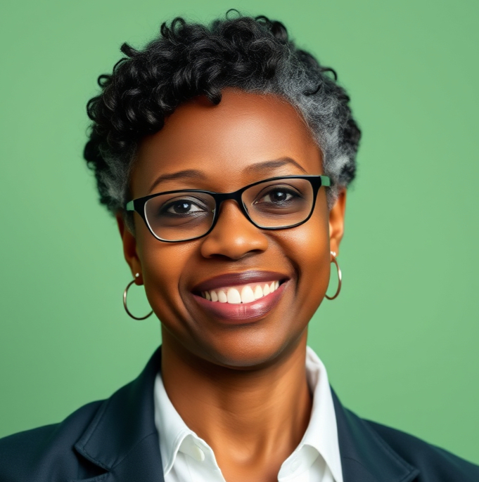 A middled-aged black female professor, with a fair green matt background, hyper realistic 