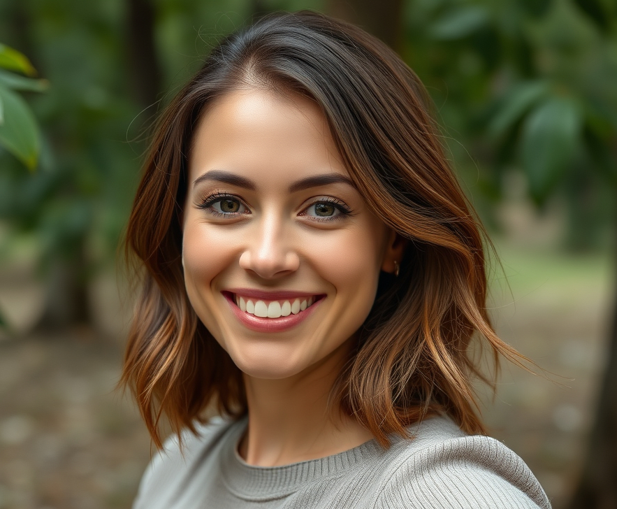 A attractive female in her 30's, with a natural background, hyper realistic photo which lo