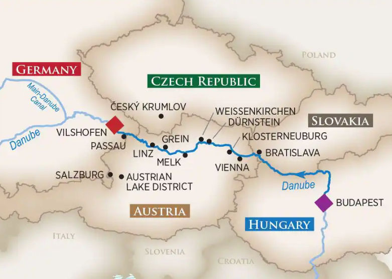 A map illustrating a Danube River cruise route, highlighting cities and countries along the way.