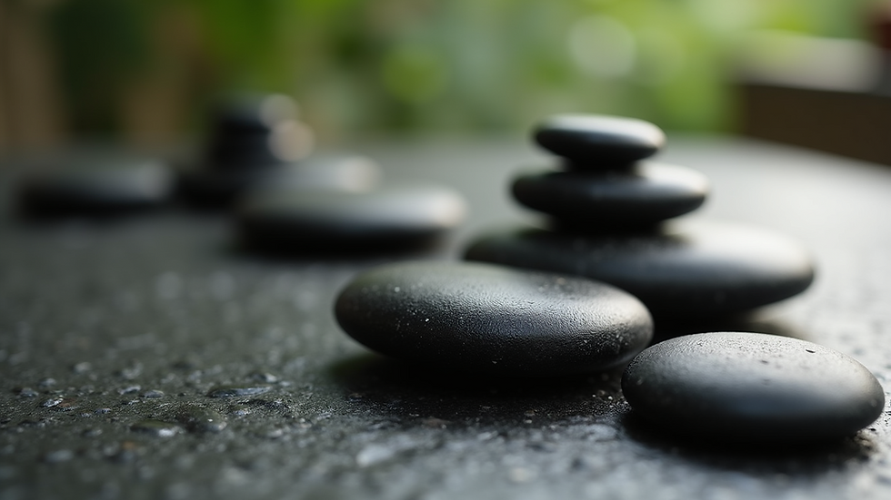 Close-up view of smooth basalt stones arranged for a hot stone massage