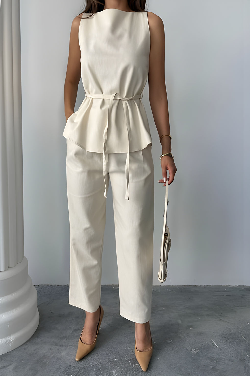 Küçük resim: Keten Pantolon-Bluz Takım - Bej