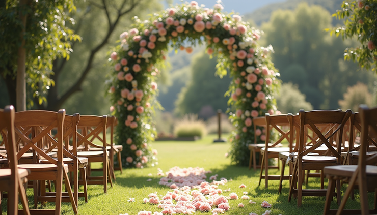 Eye-level view of an outdoor wedding ceremony with natural floral arch and wooden chairs