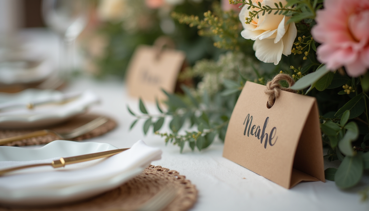 Close-up of a wedding table setting with personalized name cards and rustic floral centerpiece