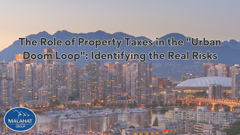 Blog Banner with the title: "The Role of Property Taxes in the Urban Doom Loop: Identifying the Real Risks with a city skyline in the background