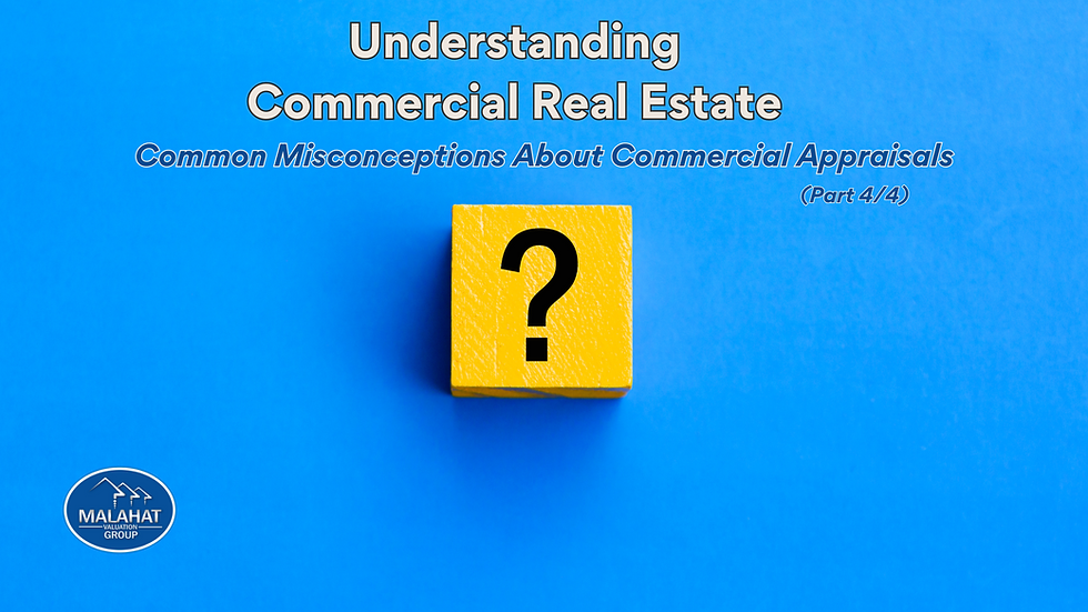a blue background with a yellow cube in the middle that has a balck question mark on the top. The title of the blog post is on the top middle of the page and it reads "Understanding Commercial Real Estate - Common Misconceptions About Commercial Appraisals (Part 4/4)"