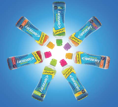 Digital poster of seven Lucozade mock-up bottles in various flavours _ Itarus PDS Packaging Development Services