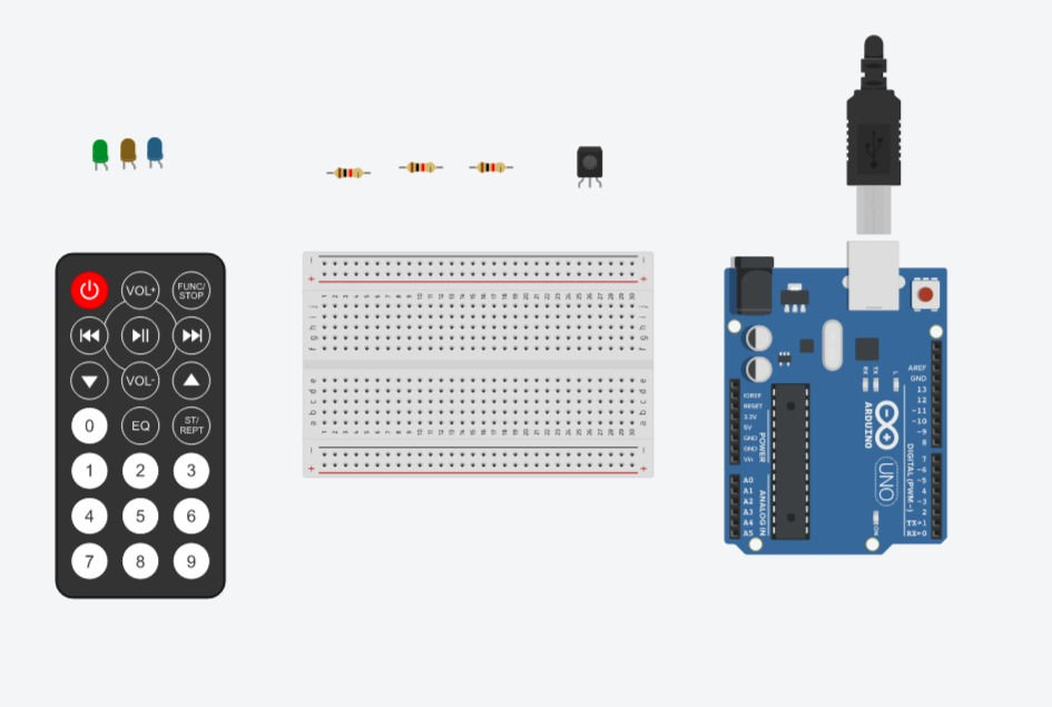 Controlling LEDs using IR Remote and Arduino UNO on TinkerCAD