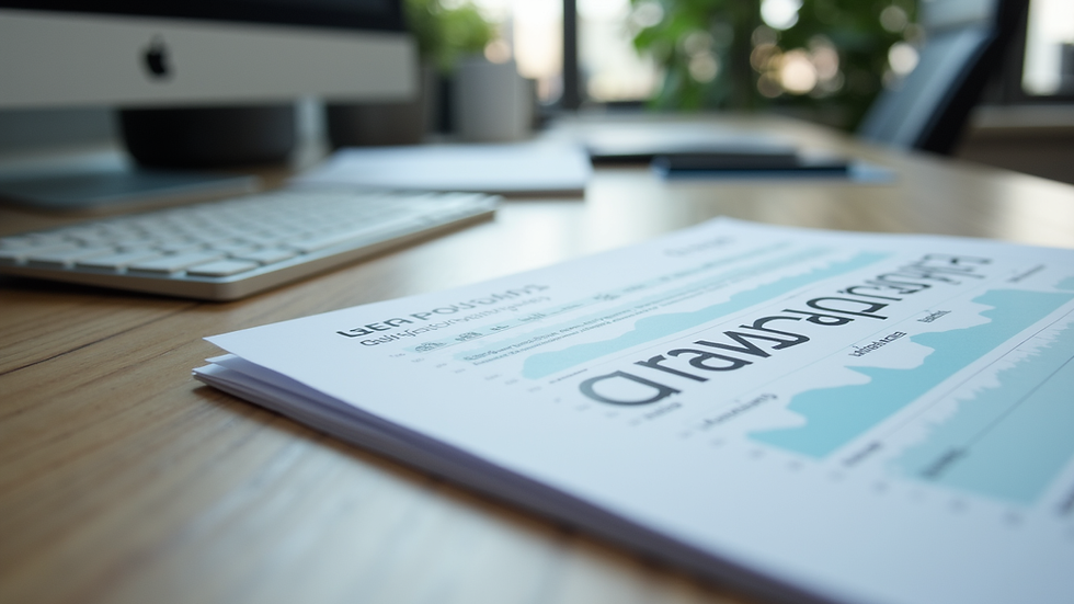 Eye-level view of a modern office desk with marketing strategy documents