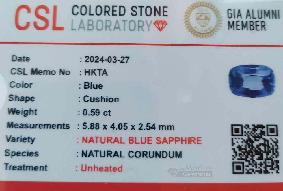 Thumbnail: Blue unheated sapphire 0,59 ct. cushion cut with some insignificant colour zones. certificate picture.