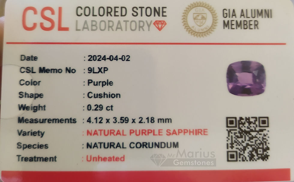 Thumbnail: Purple unheated sapphire 0,29 ct. certificate photo.