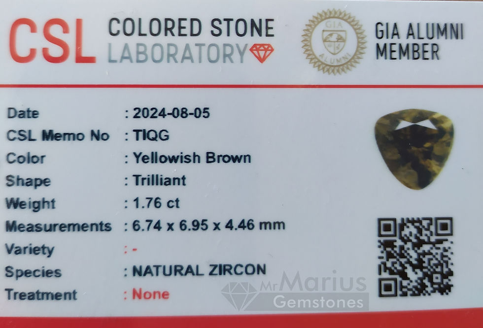 Thumbnail: Yellowish brown zircon 1,76 ct. Trilliant cut. Certificate photo.