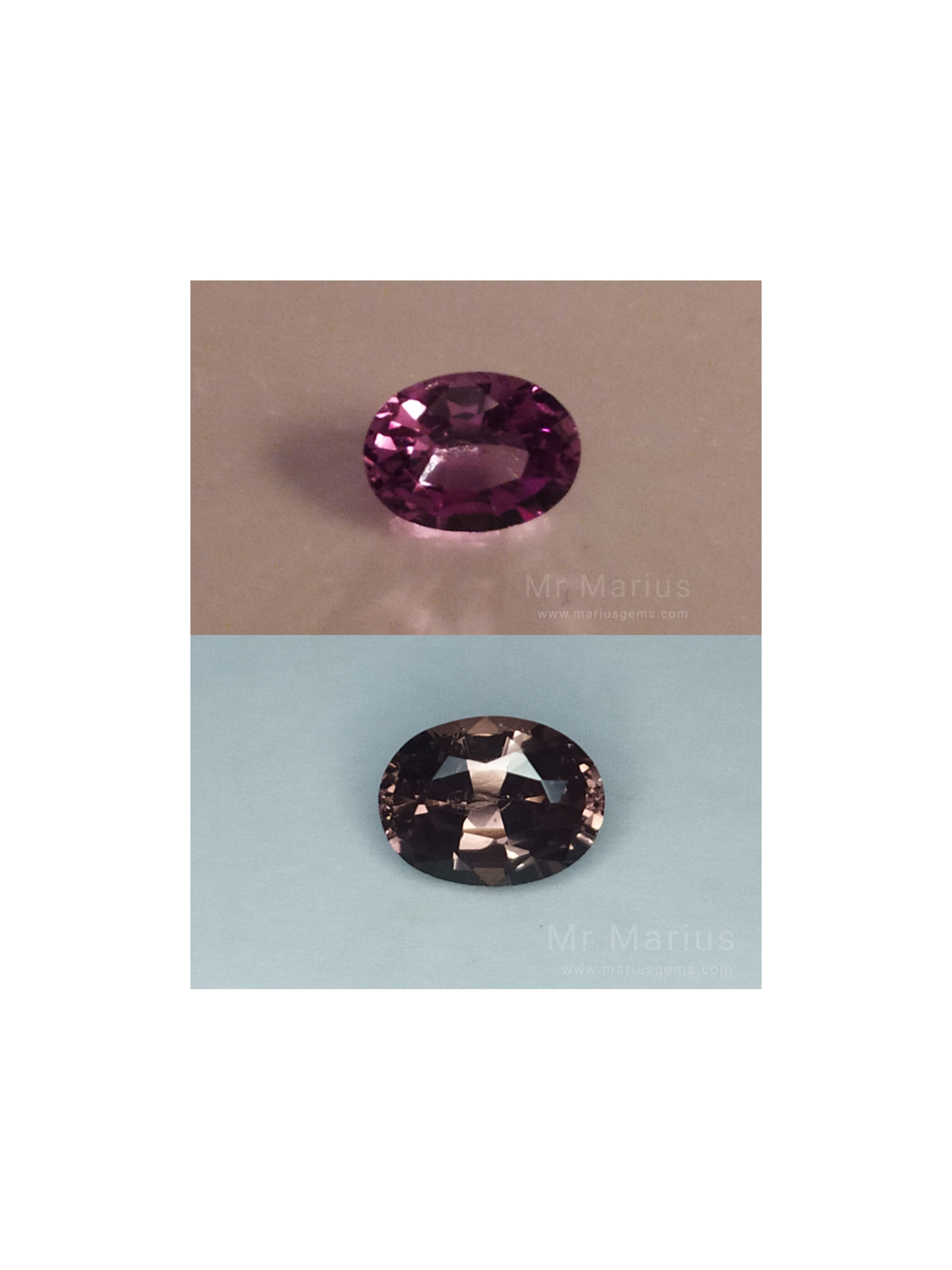 Colour change garnet. oval cut. Brownish yellow to reddish purple.