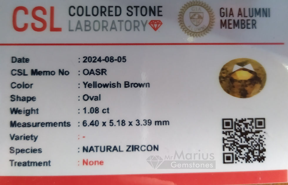 Thumbnail: Yellowish brown zircon 1,08 ct. Certificate photo.