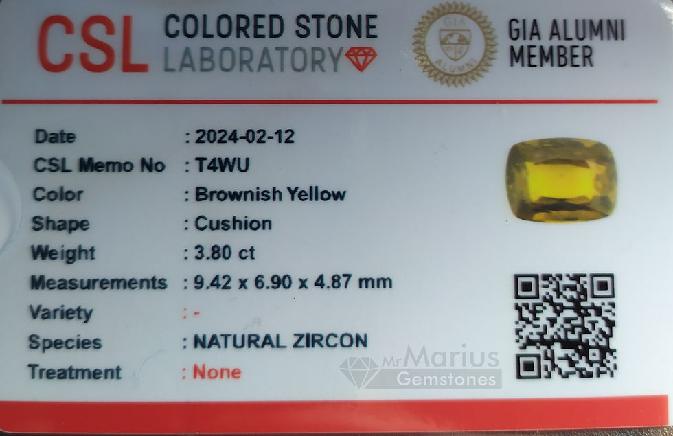 Thumbnail: Brownish yellow zircon 3,80 ct. Certificate photo.