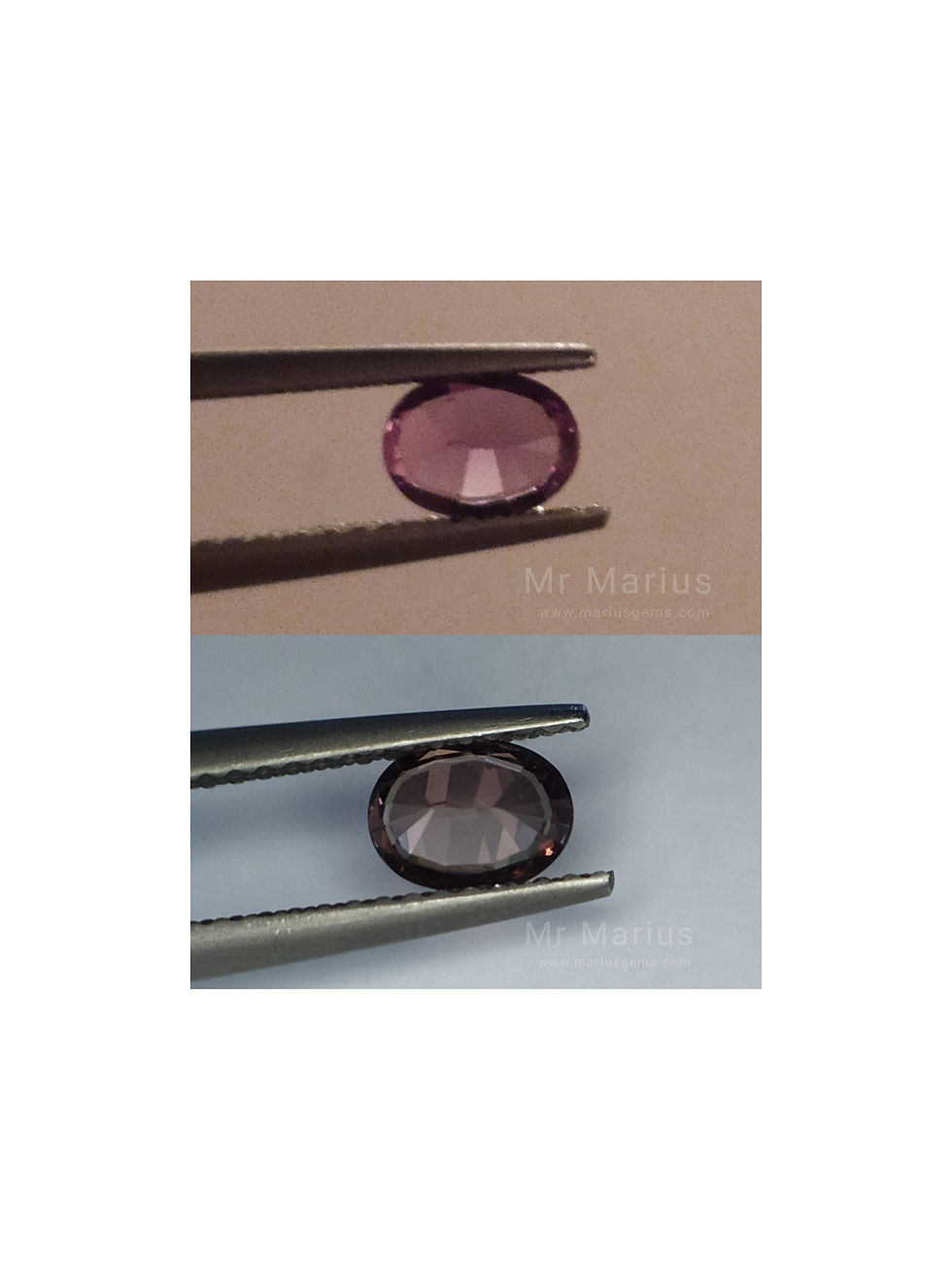 Colour change garnet. oval cut. Brownish yellow to reddish purple. Pavillion side picture.
