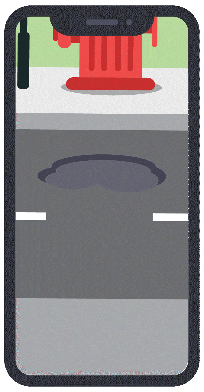 An Animation of a mobile screen showing My Smart City's AI model analysing and detecting a pothole.