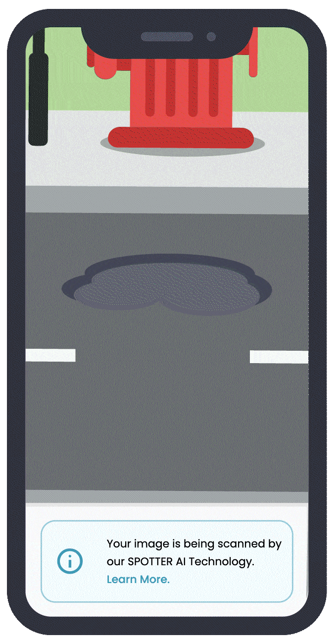 An animation of a mobile screen completing an AI visual scan of a pothole and logging the issue.