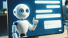 AI robot on a laptop screen with chat boxes open