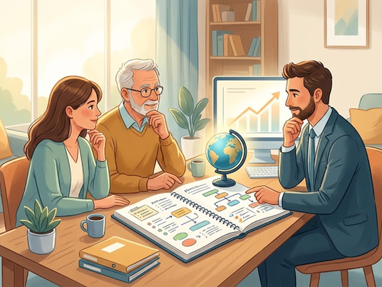 Three people discuss business plans around a table with a notebook, globe, and chart in a bright living room.