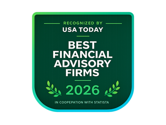 Badge reading "Recognized by USA Today: Best Financial Advisory Firms 2026" with green background and leaf graphics.