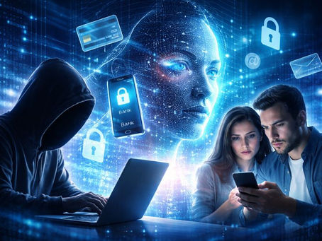 Hacker in hoodie at laptop, couple looking at phone. Digital woman face, phone with lock icons, and bank in a glowing blue tech setting.