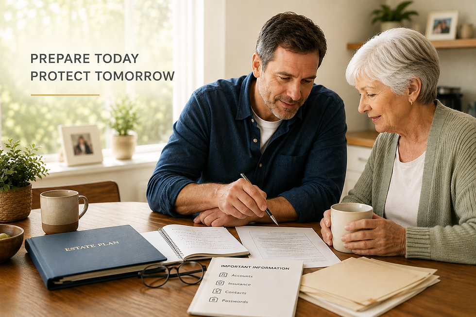 Man and elderly woman review estate plan papers at a kitchen table; text reads Prepare Today Protect Tomorrow.