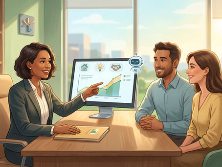 Smiling advisor shows couple an AI growth chart on a monitor in a sunny office with plants and city view.