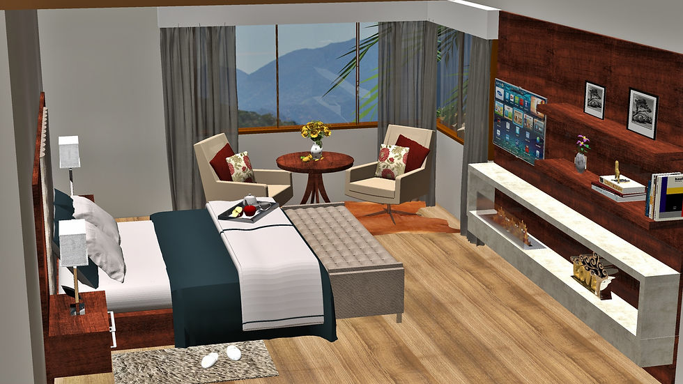Quarto casal com vista das montanhas