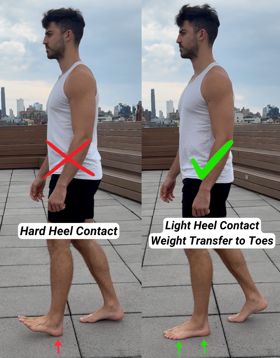 Man in white tank top demonstrates walking technique on a rooftop. Left: incorrect heel contact. Right: correct weight transfer.