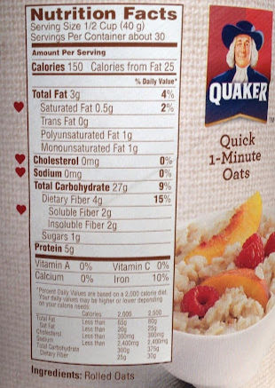 Nutrition facts label on a Quaker Oats container shows details for 1/2 cup servings. Includes oat bowl image and "Quick 1-Minute Oats" text.