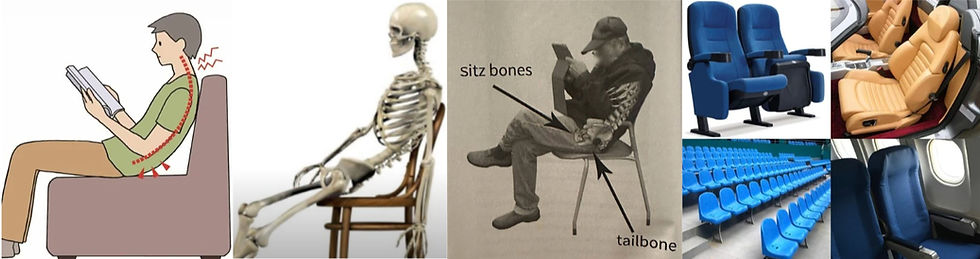 Illustration of a person and skeleton slouching on chairs, highlighting spine issues. Images of various seats in blue and tan shades.
